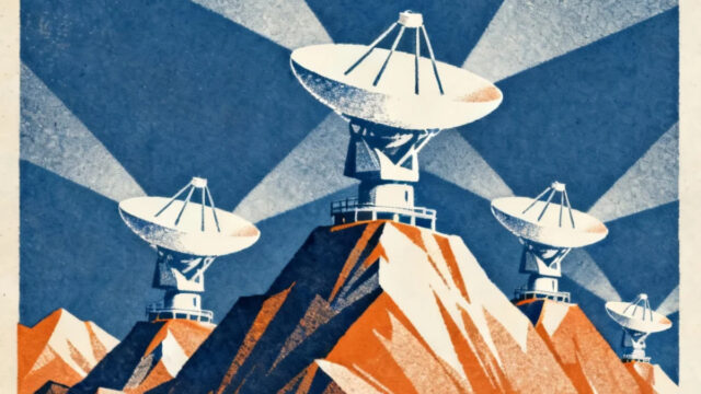 Il·lustració d’un paisatge muntanyós amb diverses antenes parabòliques instal·lades als cims, que emeten feixos de senyals representats en tons blaus i blancs